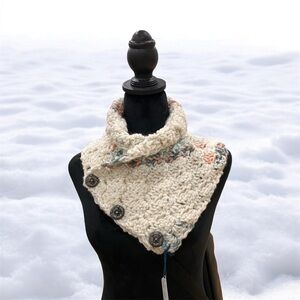 Cozy Cream with Green and Pink Crochet Scarf with 3 Buttons